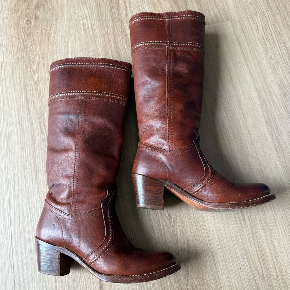 Frye Jane Stitch Leather Boots Campus Heel Sz 7 B - Picture 5 of 7